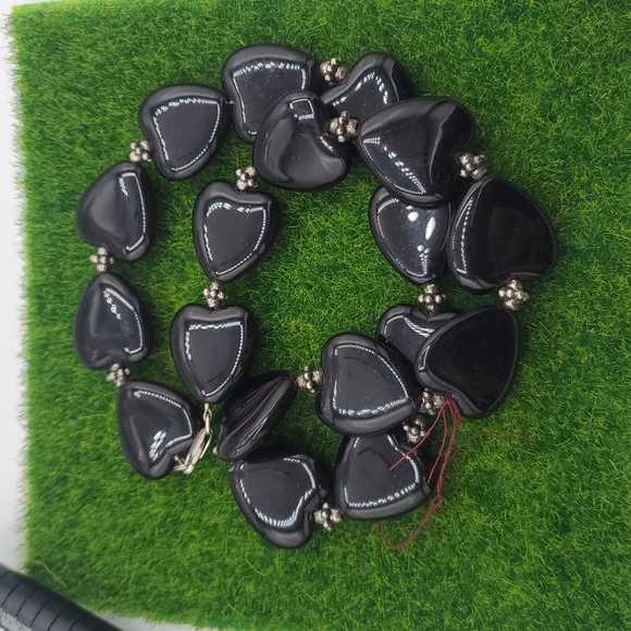 Onyx Heart Precious Stone Necklace 20 Inch Sterling Silver 925 N3628